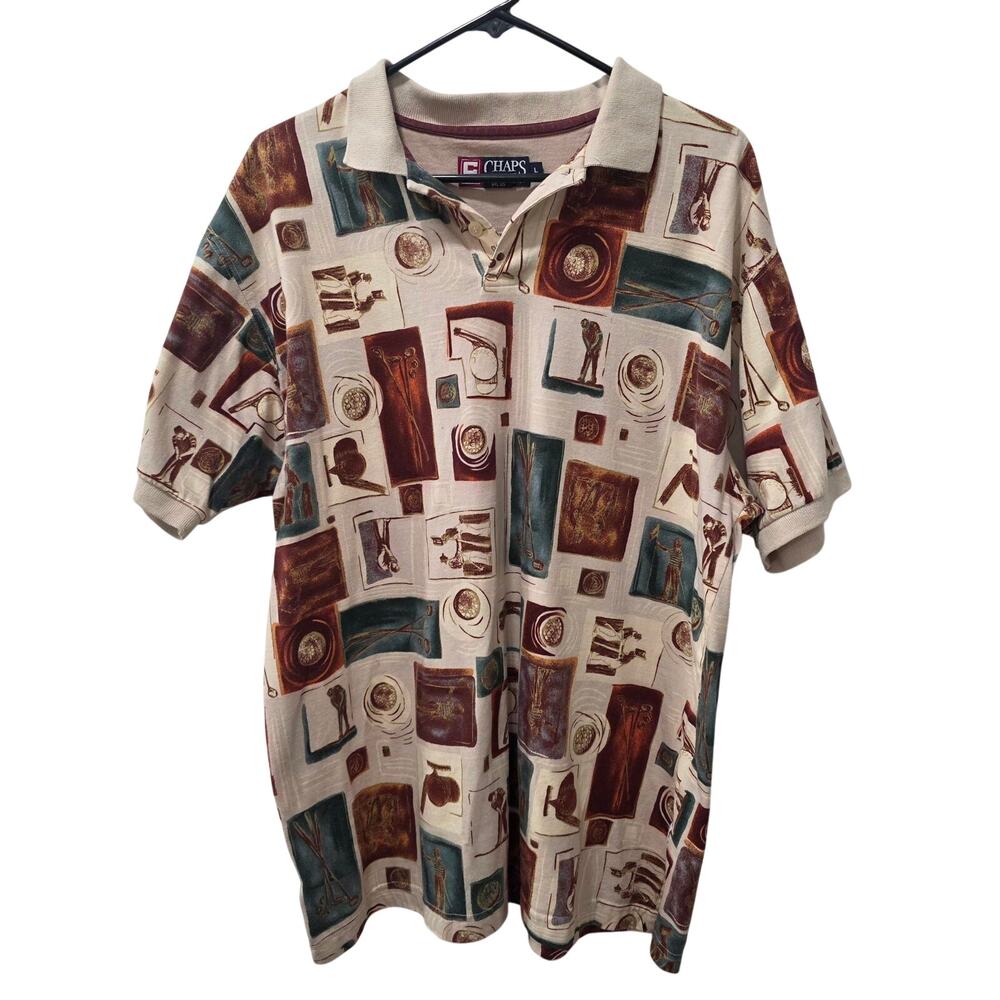 Vintage Chaps Ralph Lauren Men's Polo Shirt size Large Scenic Golf Print Cotton